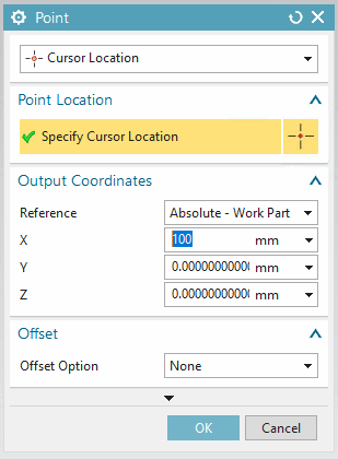"Point" dialog opened