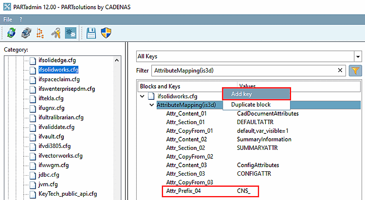 Insert key: The figure is just an example. For each CAD system the specific system key in the "Attr_Section" key must be used. This key is already inserted and may not be changed!