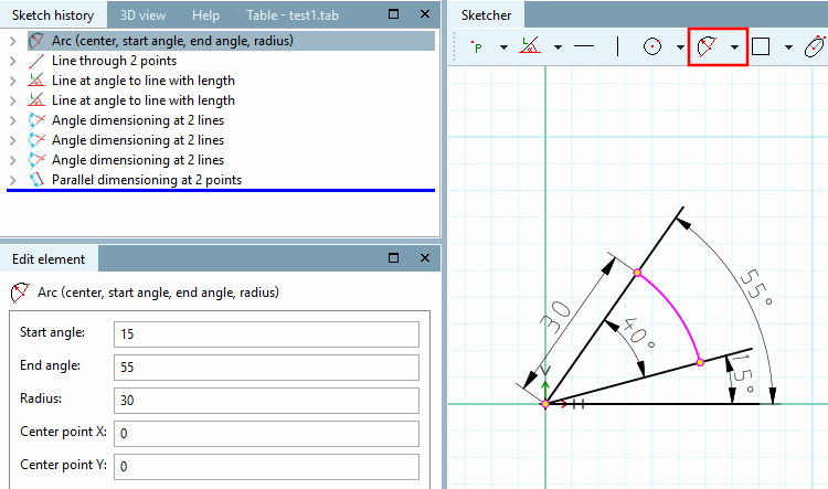 Arc over center point, start angle, end angle and radius [Arc (center, start angle, end angle, radius)]: Adjust parameters