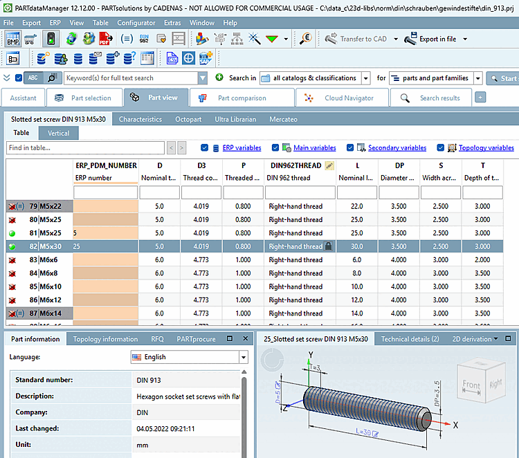 Result in PARTdataManager. The example only shows the column of the ERP number. After setting up the LinkDB accordingly, any other information (description, material, price, stock, etc.) from third-party systems can be mapped just as well.