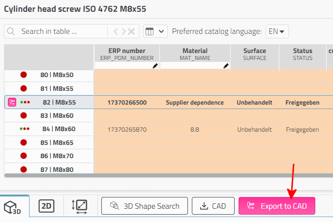 "Export to CAD" button in 3Dfindit