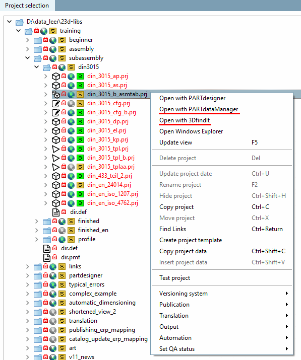 PARTproject: Context menu commands "Open with 3Dfindit" and "Open with PARTdataManager [Open with PARTdataManager]"