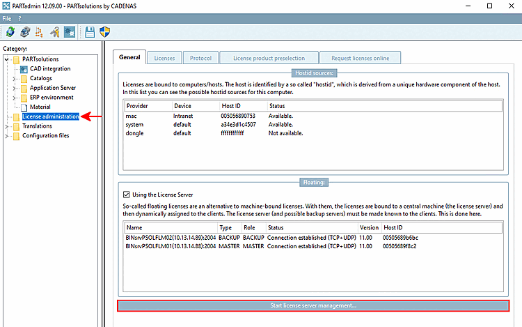 License management [License administration] - General tab page