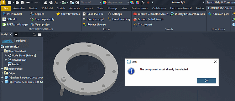 Error message: "The component must already be selected"