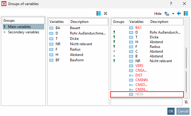 PARTproject → "Variable groups" dialog window