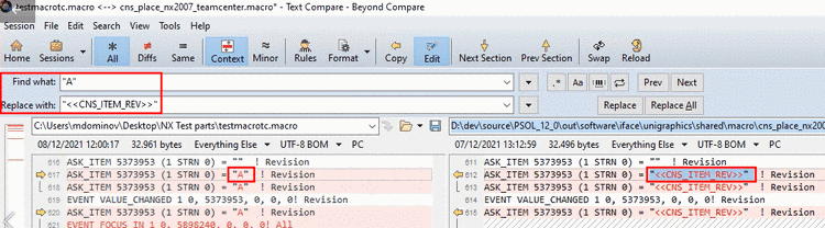 "<<CNS_ITEM_REV>>" replaces concrete occurrences of revision in the recorded macro.