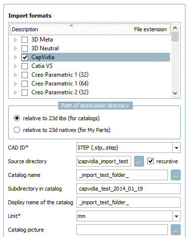Import dialog in PARTadmin -> Category Index administration -> Geometry import -> Import formats -> CapVidia