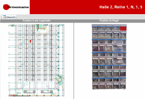 Rack position of a part with position plan and picture