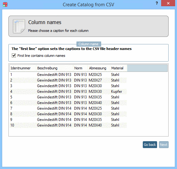 Column names in first line: Yes/No