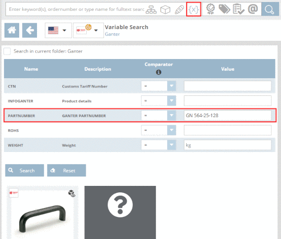Variable search exemplarily with "PARTNUMBER"