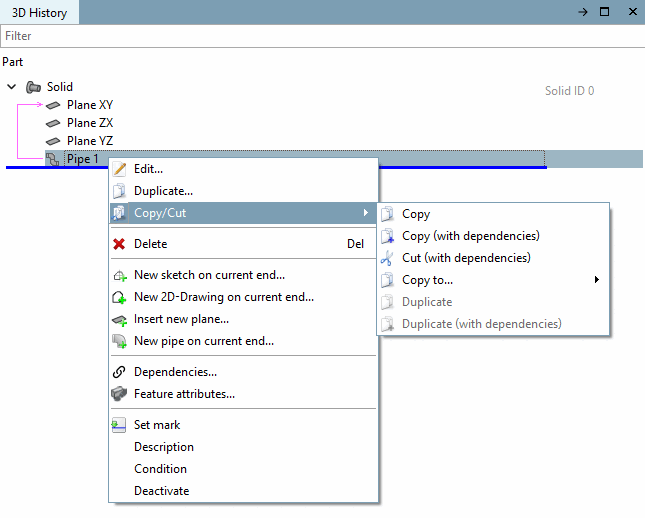 Context menu of "Pipe"
