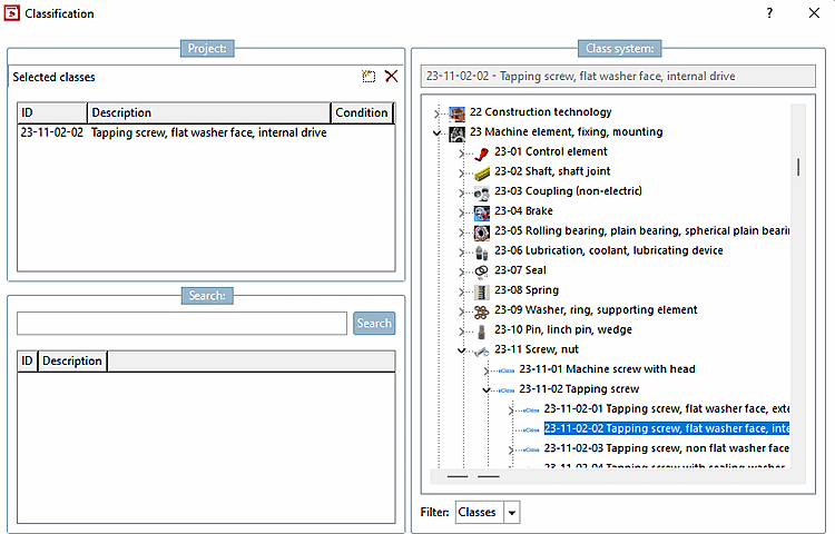 Dialog window: Classification