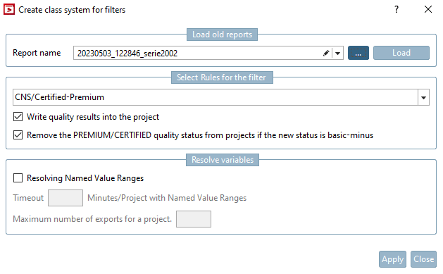 "Create class system for filter [Create class system for filters] " dialog