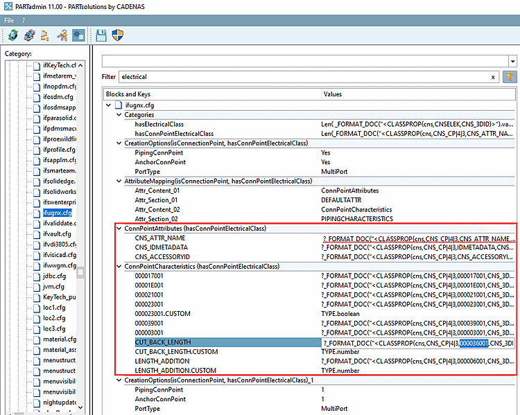 Example: Mapping between NX attribute "CUT_BACK_LENGTH" and PSOL attribute "000036001"
