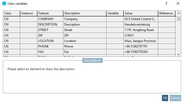 Class variables " dialog box