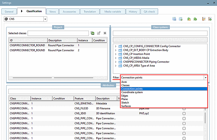 Tabbed page "Classification [Classification]" -> List field selection "CNS"-> "Filter [Filter]"