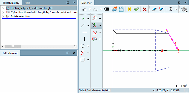 Trim line to common point of intersection with base line (rotation axis)