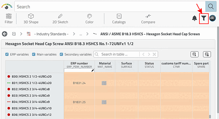 Preferred series off, all rows are displayed: Rows without an ERP number do not correspond to the preferred series condition and are therefore hidden when activated. See next illustration.