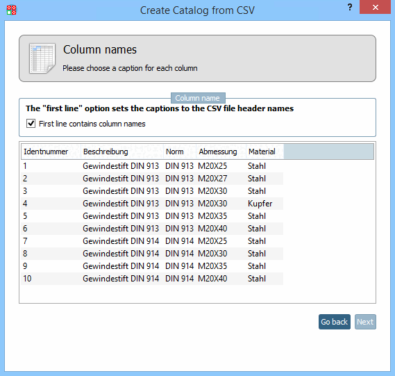Column names in first line: Yes/No