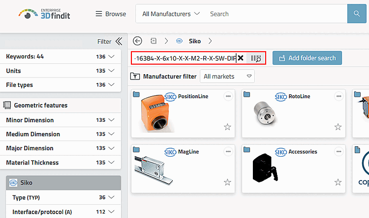 Typecode search exemplary with "WV58MR-X-E1-16384-X-6x10-X-X-M2-R-X-SW-DIP" in the Siko catalog