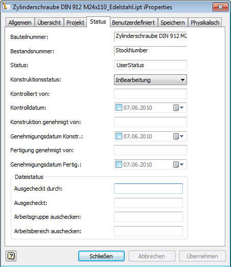 Part -> iProperties -> Tabbed page "Status"