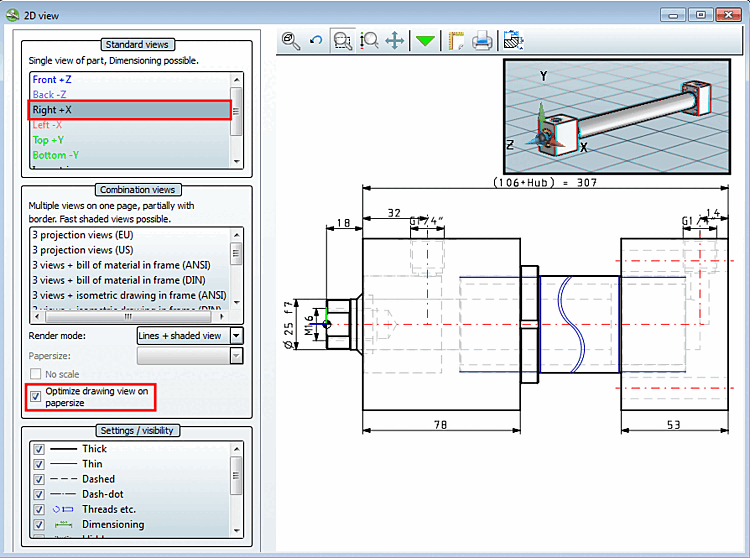 "Optimize drawing view on sheet [Optimize drawing view on paper size] " activated