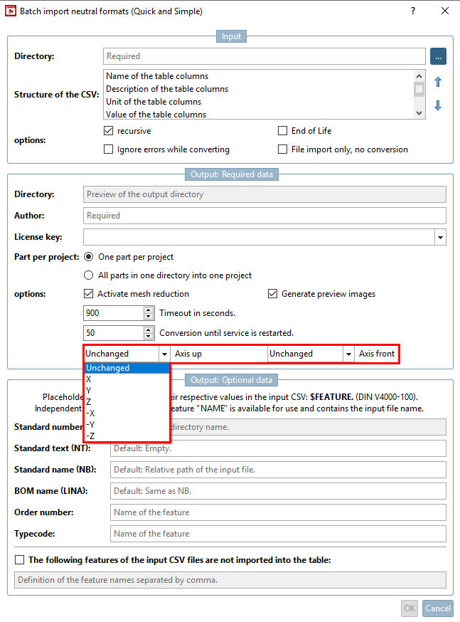 Import neutral formats in batch run (Quick and Simple) [Batch import neutral formats (Quick and Simple)] -> Options [options] -> Axis top [Axis up] / Axis front