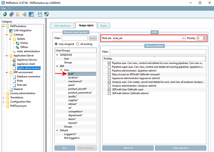Example: User "ecat*" has role set ecat_set" assigned.