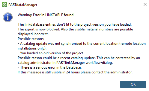 The link database entries don't match the loaded project version.