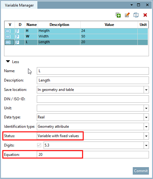 "L" in the variable manager: Now as "Variable with fixed values [Variable with fixed values] "