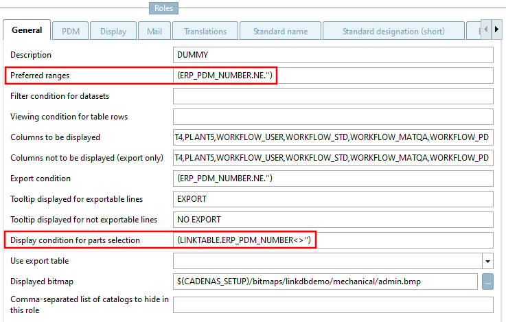 Example: Preferred series [Preferred ranges] and display condition for part selection [Display condition for parts selection] are both based on the existence of an ERP number.