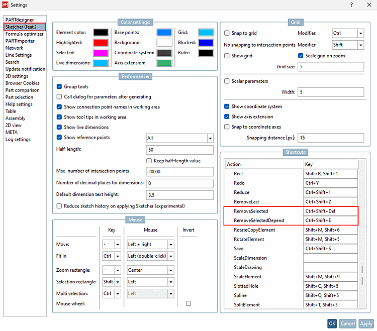 Settings for the Sketcher in PARTdesigner