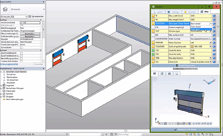 Opened seamless window with garage door and doors placed in the building