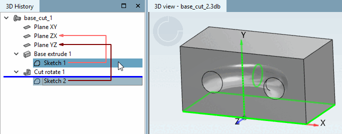 Example with extruded sketch of a rectangle (Base) and rotated cut circle (Cut)