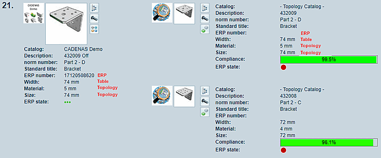 Here, the variable ERP_PDM_NUMBER, table variable for width and topological attributes for Size and Material thickness have been added to the analysis result.
